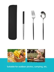 4入組帶盒不銹鋼餐具套裝，黑色便攜式家用餐具，戶外 - 黑與白 - 查看 4