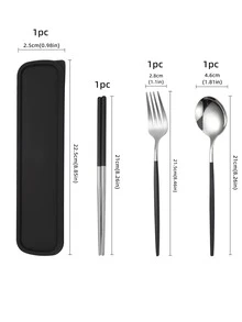 4入組帶盒不銹鋼餐具套裝，黑色便攜式家用餐具，戶外 - 黑與白 - 查看 2