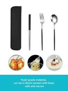 4入組帶盒不銹鋼餐具套裝，黑色便攜式家用餐具，戶外 - 黑與白 - 查看 3