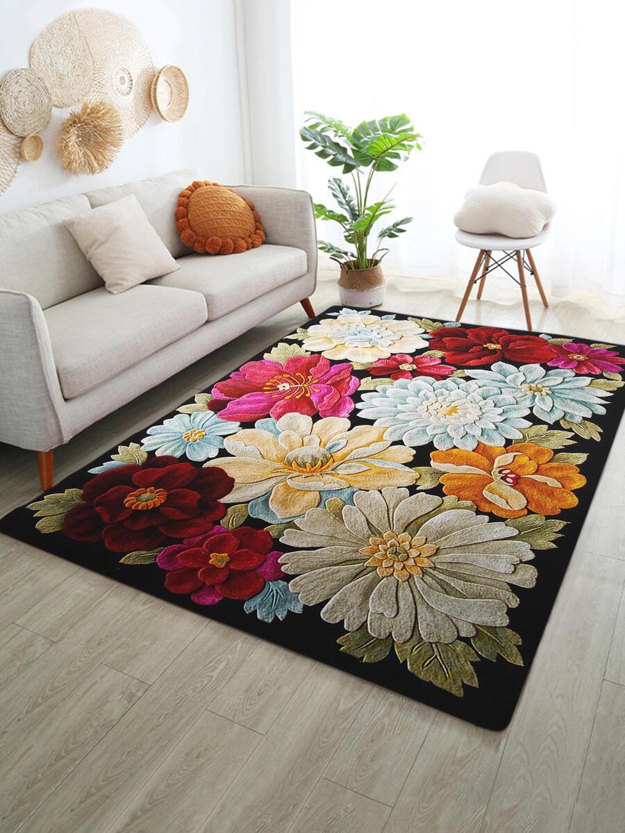 1入組地毯花朵印花多色花朵地墊防滑聚酯纖維家居裝飾地毯 - 彩色 - 查看 1