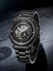 1pc Black Stainless Steel Strap Business Skeleton Round Dial Mechanical Watch, For Daily Life - Black - View 1