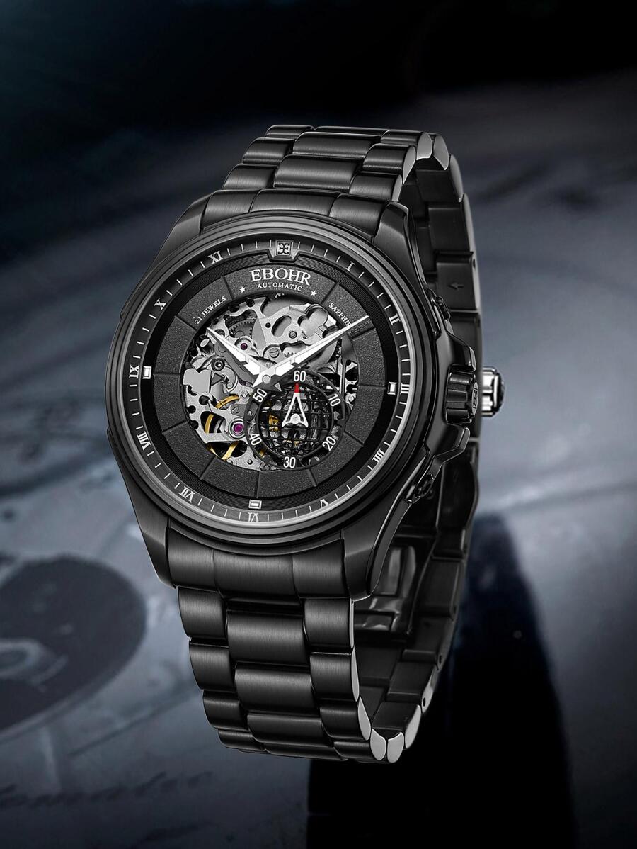 1pc Black Stainless Steel Strap Business Skeleton Round Dial Mechanical Watch, For Daily Life - Black - View 1