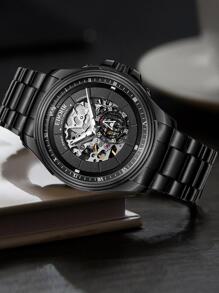 1pc Black Stainless Steel Strap Business Skeleton Round Dial Mechanical Watch, For Daily Life - Black - View 6