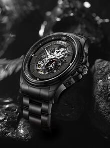 1pc Black Stainless Steel Strap Business Skeleton Round Dial Mechanical Watch, For Daily Life - Black - View 4