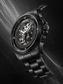 1pc Black Stainless Steel Strap Business Skeleton Round Dial Mechanical Watch, For Daily Life - Black - View 5