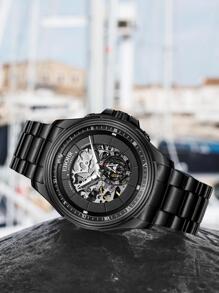 1pc Black Stainless Steel Strap Business Skeleton Round Dial Mechanical Watch, For Daily Life - Black - View 7