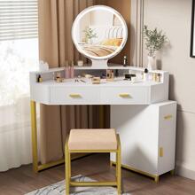 PAKASEPT Corner Vanity Set With Lighted Mirror, Makeup Dressing Table With Drawers, Cabinet And Cushioned Stool, Girls Vanity Desk For Bathroom, Bedroom,White - White - View 1