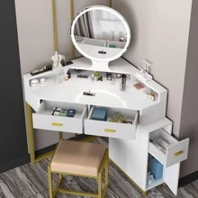 PAKASEPT Corner Vanity Set With Lighted Mirror, Makeup Dressing Table With Drawers, Cabinet And Cushioned Stool, Girls Vanity Desk For Bathroom, Bedroom,White - White - View 2