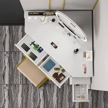 PAKASEPT Corner Vanity Set With Lighted Mirror, Makeup Dressing Table With Drawers, Cabinet And Cushioned Stool, Girls Vanity Desk For Bathroom, Bedroom,White - White - View 6