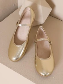 女款戶外時尚瑪莉珍風格平底鞋，搭配踝帶細部和金屬材質，春夏/秋冬新款舒適軟底低跟樂福鞋芭蕾平底鞋奶奶平底圓頭一腳蹬鞋 - 金色 - 查看 4