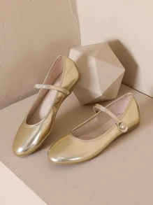 女款戶外時尚瑪莉珍風格平底鞋，搭配踝帶細部和金屬材質，春夏/秋冬新款舒適軟底低跟樂福鞋芭蕾平底鞋奶奶平底圓頭一腳蹬鞋 - 金色 - 查看 2