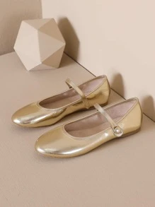 女款戶外時尚瑪莉珍風格平底鞋，搭配踝帶細部和金屬材質，春夏/秋冬新款舒適軟底低跟樂福鞋芭蕾平底鞋奶奶平底圓頭一腳蹬鞋 - 金色 - 查看 3