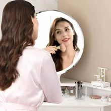 PAKASEPT Corner Vanity Set With Lighted Mirror, Makeup Dressing Table With Drawers, Cabinet And Cushioned Stool, Girls Vanity Desk For Bathroom, Bedroom,White - White - View 5