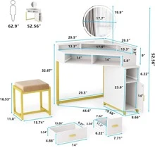 PAKASEPT Corner Vanity Set With Lighted Mirror, Makeup Dressing Table With Drawers, Cabinet And Cushioned Stool, Girls Vanity Desk For Bathroom, Bedroom,White - White - View 3