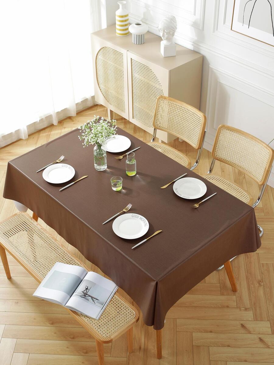 1pc Solid Color Coffee Brown Waterproof Tablecloth, PVC Plain Table Cover For Household - Coffee Brown - View 1