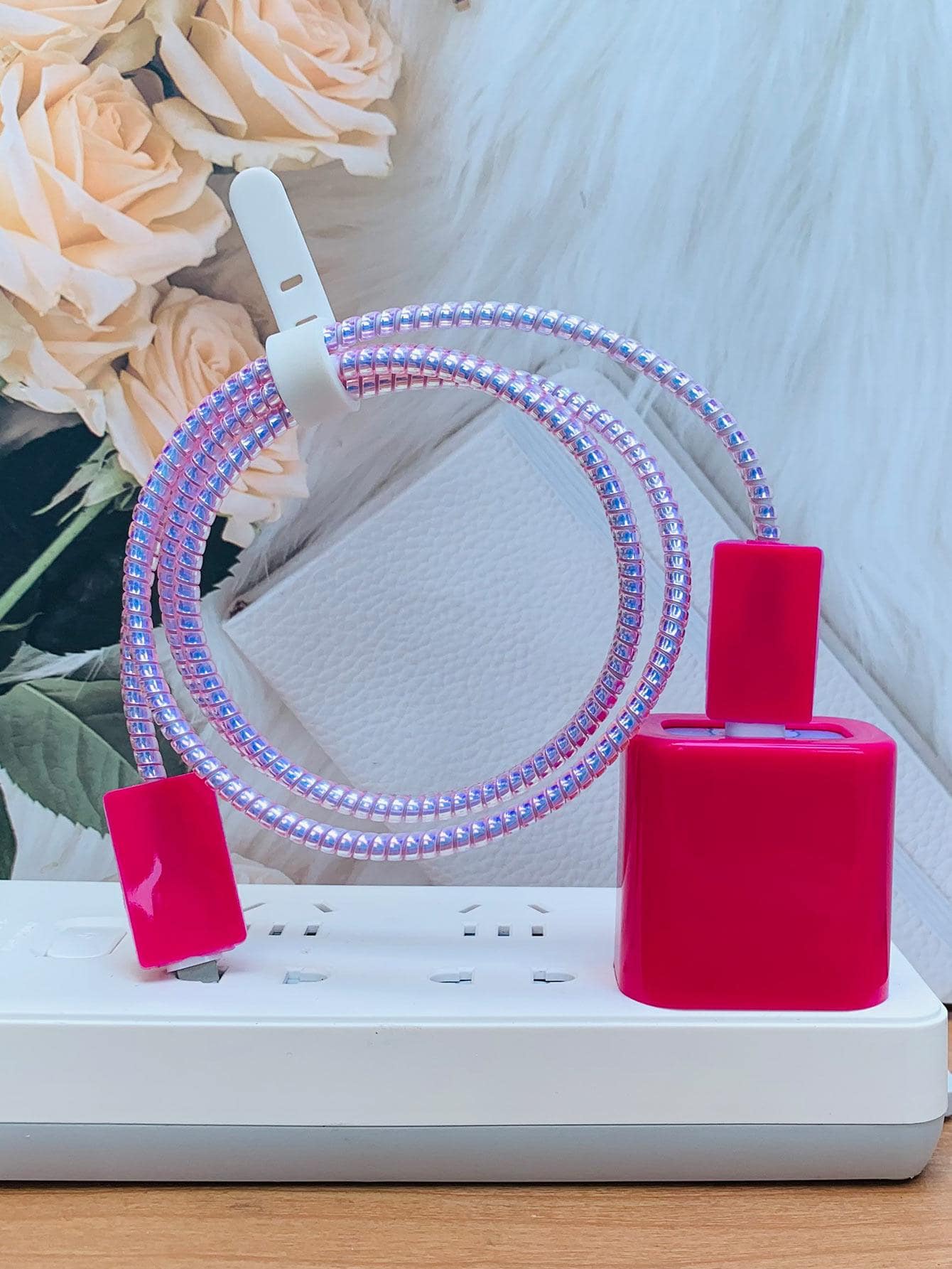 5入組充電頭保護&1.4米鐳射螺旋數據線保護頭套裝適用於iphone - 玫紅色 - 查看 1