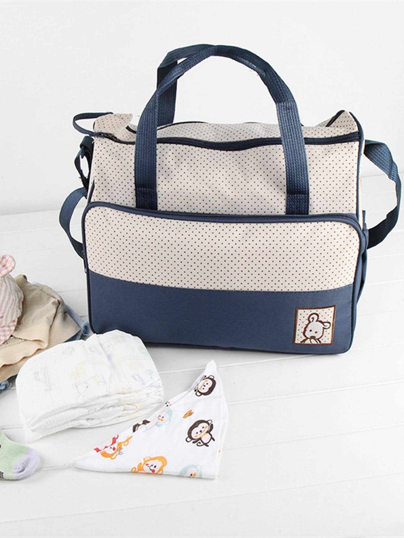 1set Baby Polka Dot Print Polyester Diaper Bag & Pacifier Bag - Navy Blue - View 5