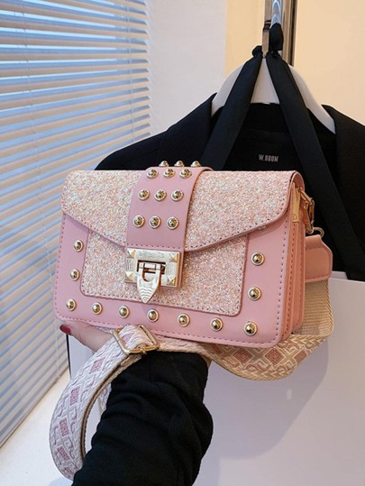 Mini Square Bag PU Studded & Sequin Decor Fashionable