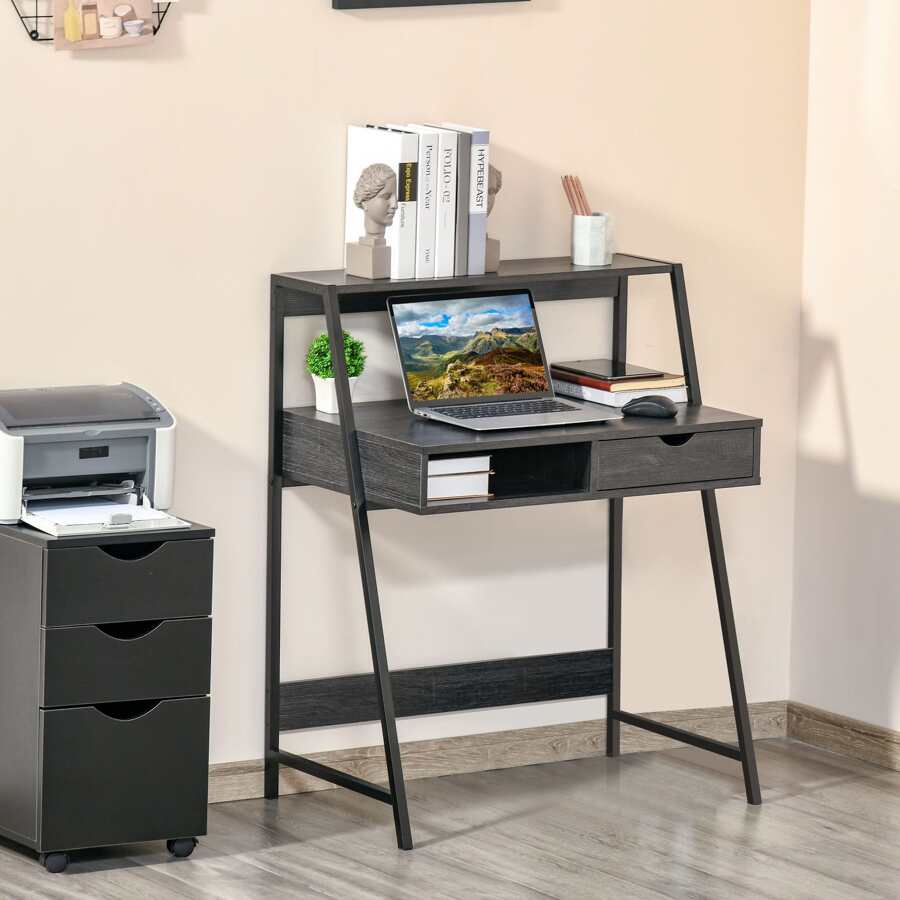 HOMCOM Computer Writing Desk for Small Space w/ Drawer, Storage Shelves, Natural - 灰色 - 查看 1