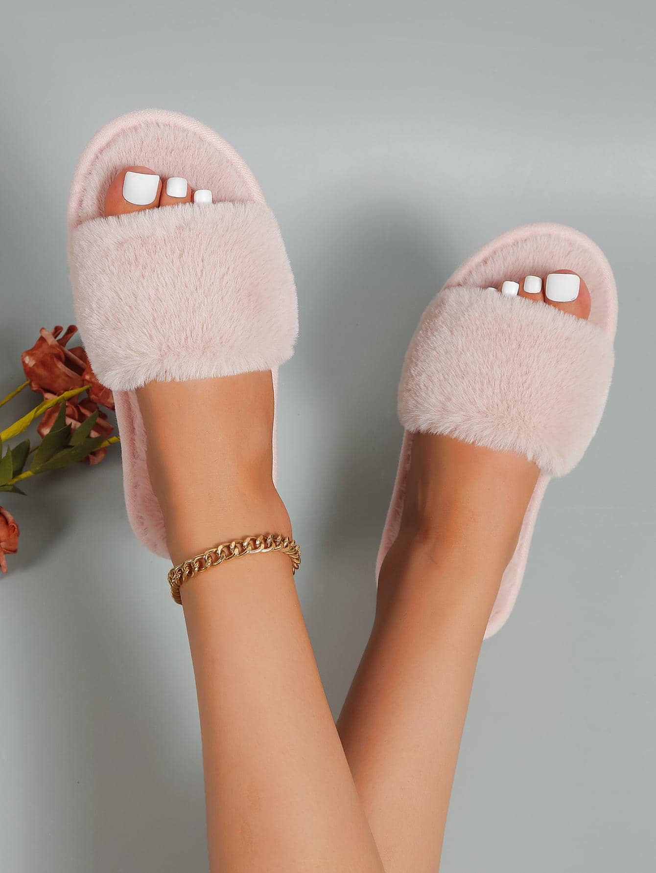 女式簡約毛絨臥室拖鞋，時尚室內家居拖鞋 - 粉色 - 查看 1