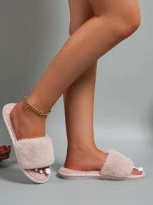女式簡約毛絨臥室拖鞋，時尚室內家居拖鞋 - 粉色 - 查看 2