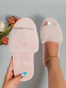 女式簡約毛絨臥室拖鞋，時尚室內家居拖鞋 - 粉色 - 查看 3