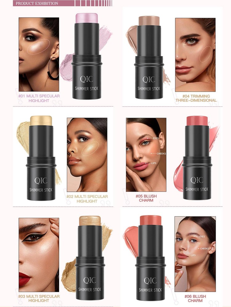 QIC 奶油輪廓棒，帶有螢光筆、古銅色和腮紅的色調，不油膩且防水的面部輪廓筆，易於塑造臉部並打造輕盈的妝容，淺色中號 - 粉色 - 查看 4