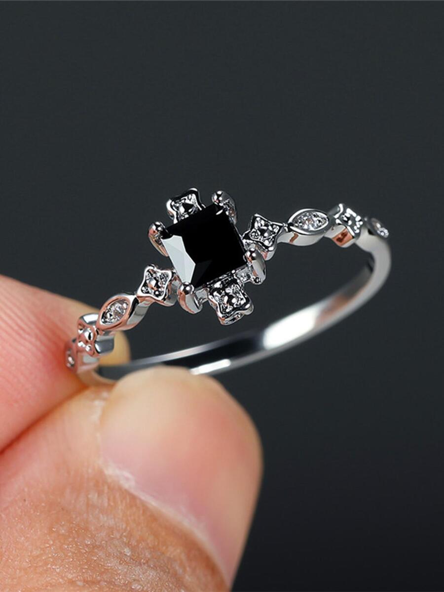 1 件复古黑色方晶锆石方形宝石戒指，女士时尚订婚结婚戒指 - 黑色 - 查看 1