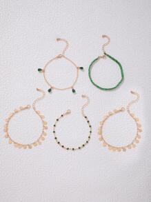 imoli 5pcs/Set Fashionable Braided Detail Rhinestone Decor Round Charm Anklet For Women For Dating Gift - Green - View 11