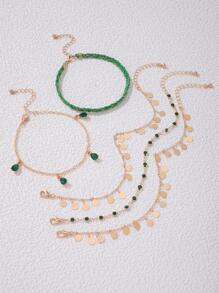 imoli 5pcs/Set Fashionable Braided Detail Rhinestone Decor Round Charm Anklet For Women For Dating Gift - Green - View 10