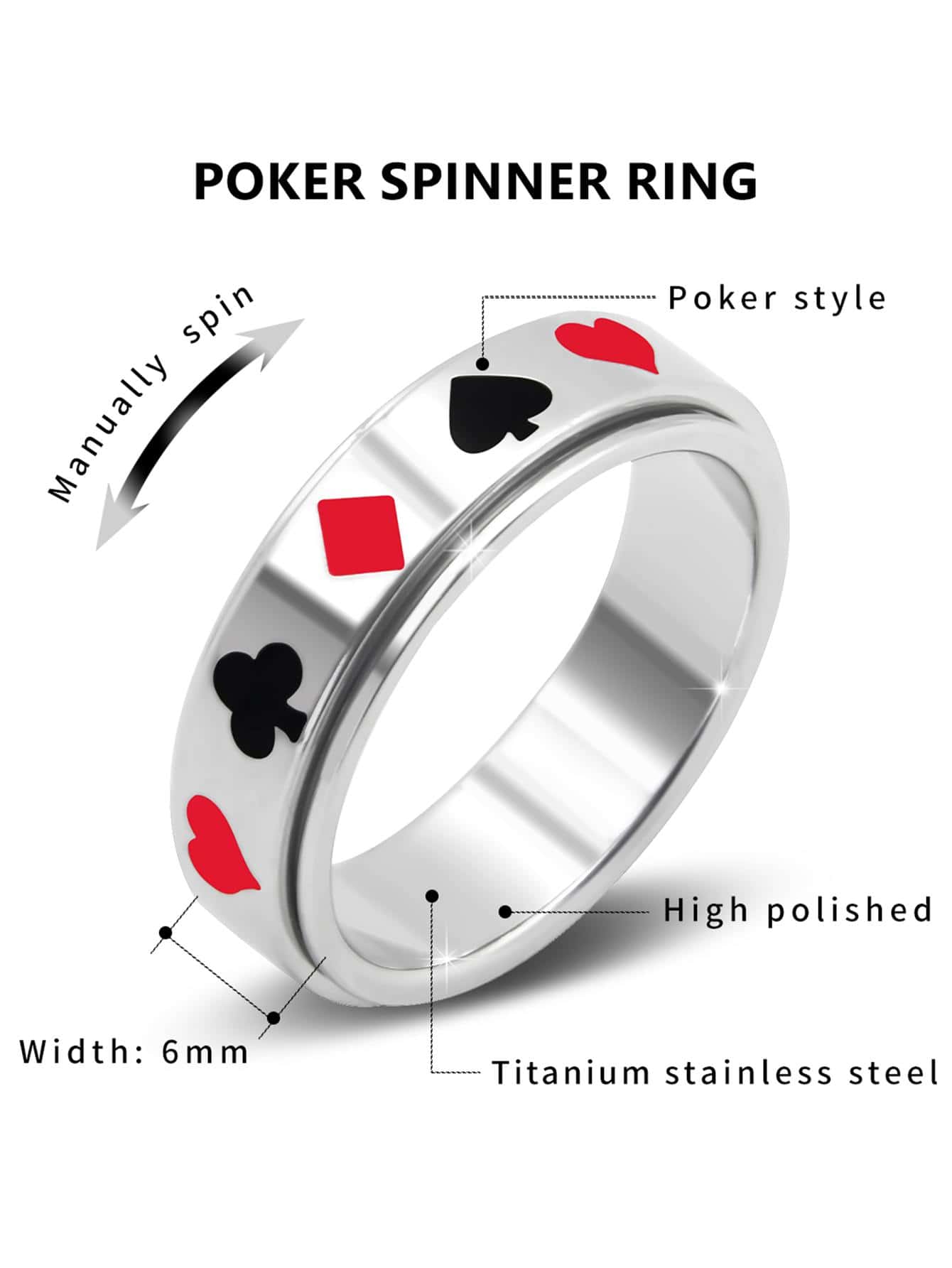 1pc Stress Relief Playing Card & Eye Design, Cross Shaped High Polish Stainless Steel Rotatable Ring, Great For Men Daily Wear, Valentine's Day Gift - Silver - View 1