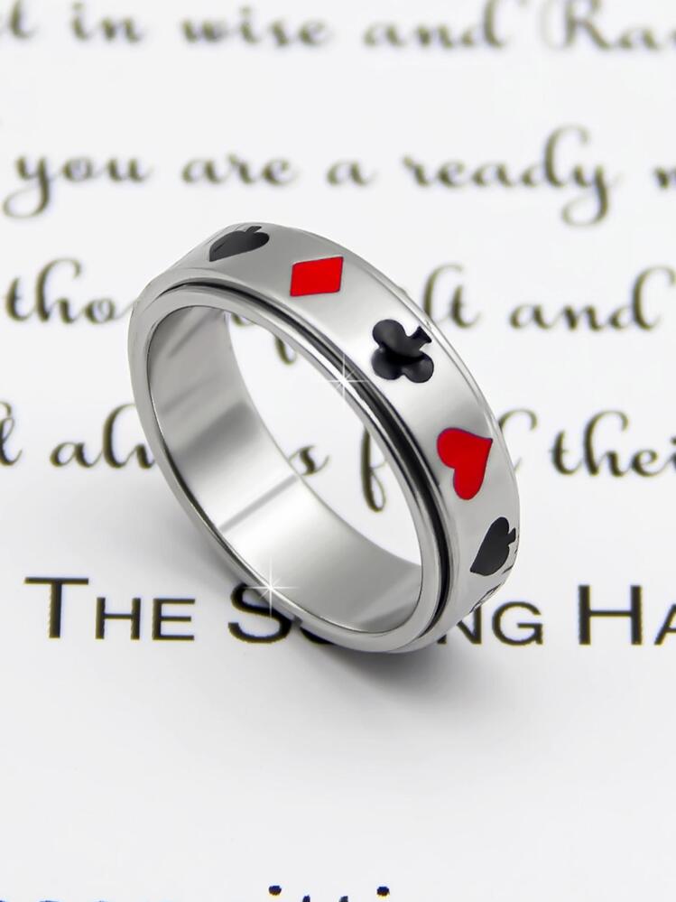 1 件减压扑克牌和眼睛设计，十字形高抛光不锈钢旋转环，非常适合男士日常佩戴，情人节礼物 - 銀色 - 查看 2