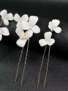 3入組女士時尚手工髮夾,配有淡水珍珠、白陶瓷花朵,適用於婚禮/派對/早午餐裝飾