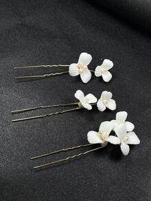 3入組女士時尚手工髮夾,配有淡水珍珠、白陶瓷花朵,適用於婚禮/派對/早午餐裝飾