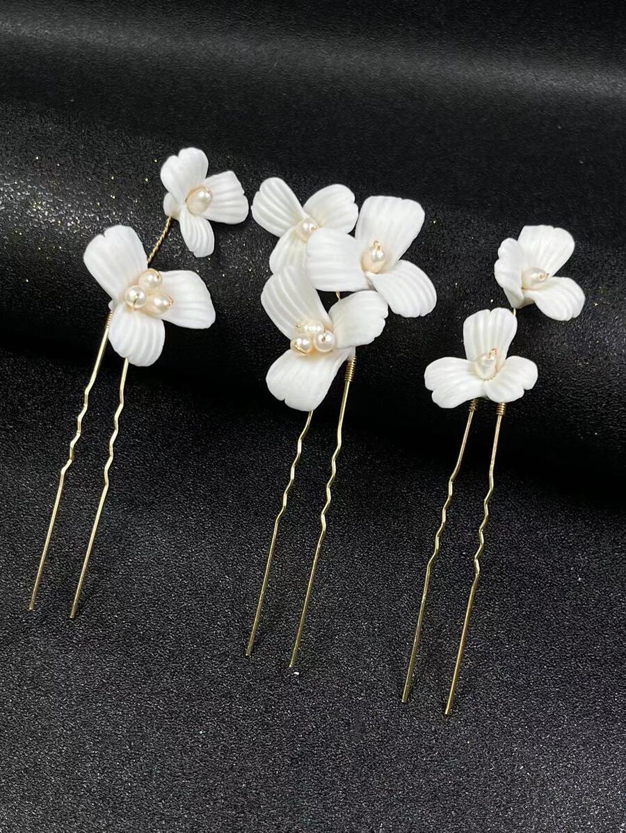 3入組女士時尚手工髮夾,配有淡水珍珠、白陶瓷花朵,適用於婚禮/派對/早午餐裝飾