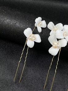 3入組女士時尚手工髮夾,配有淡水珍珠、白陶瓷花朵,適用於婚禮/派對/早午餐裝飾