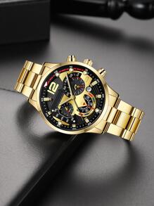 1pc Men Watch Gold Watch  Silver Zinc Alloy Strap Fashion Date Round Dial Quartz Watch & 1pc Chain Bracelet, For Gift