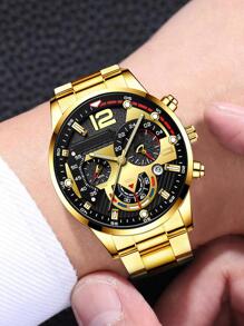 1pc Men Watch Gold Watch  Silver Zinc Alloy Strap Fashion Date Round Dial Quartz Watch & 1pc Chain Bracelet, For Gift