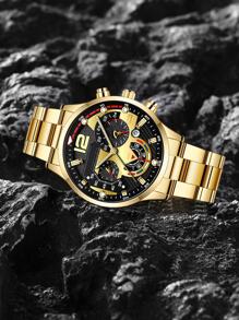 1pc Men Watch Gold Watch  Silver Zinc Alloy Strap Fashion Date Round Dial Quartz Watch & 1pc Chain Bracelet, For Gift