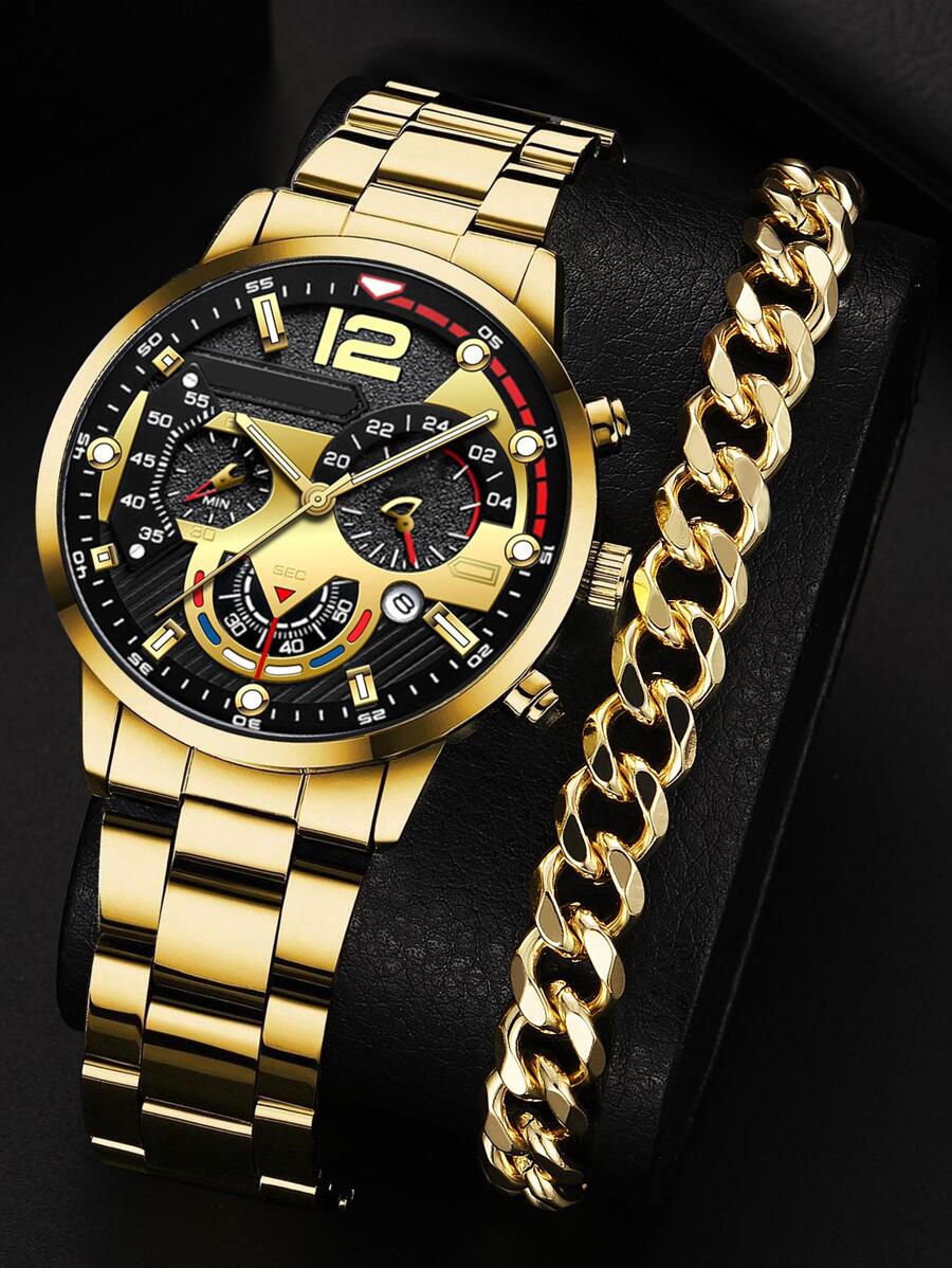 1pc Men Watch Gold Watch  Silver Zinc Alloy Strap Fashion Date Round Dial Quartz Watch & 1pc Chain Bracelet, For Gift