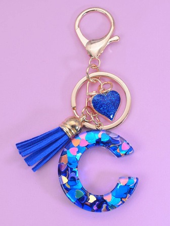 1入組女性心亮片裝飾字母&流蘇墜飾時尚鑰匙圈適用於鑰匙裝飾用品