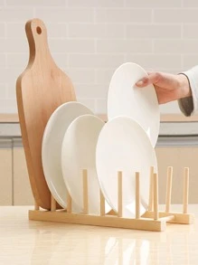 1 pieza Estante de almacenamiento de platos multifuncional almacenamiento beige madera drenaje para cocina