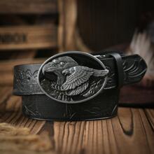 1pc Men Eagle Embossed Oval Buckle Vintage Western Belt With Punch Tool For Daily Life - Black - View 1