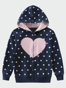 小女童愛心圖案拉鏈開襟連帽夾克 - 藏蓝色 - 查看 1