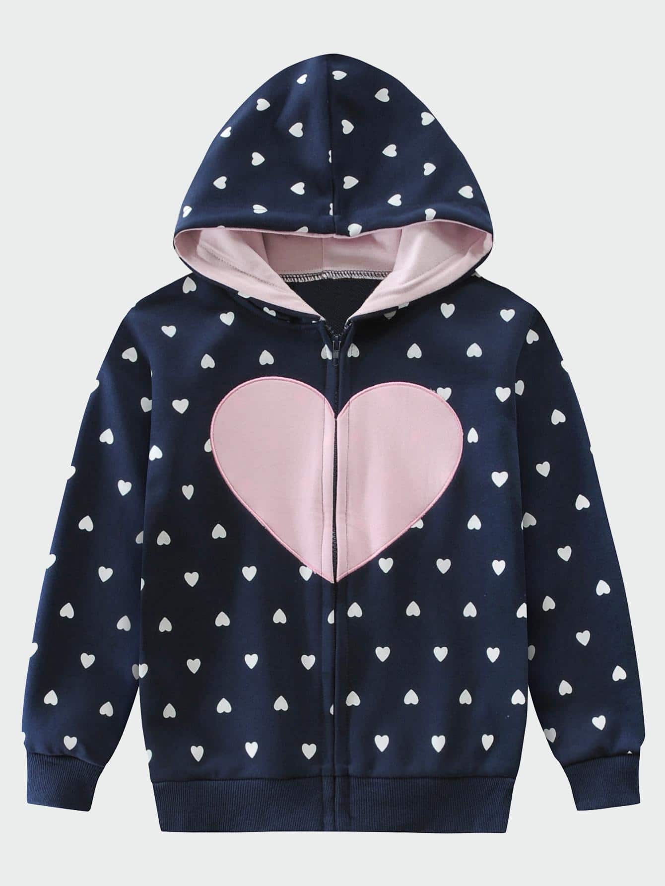 小女童愛心圖案拉鏈開襟連帽夾克 - 藏蓝色 - 查看 1