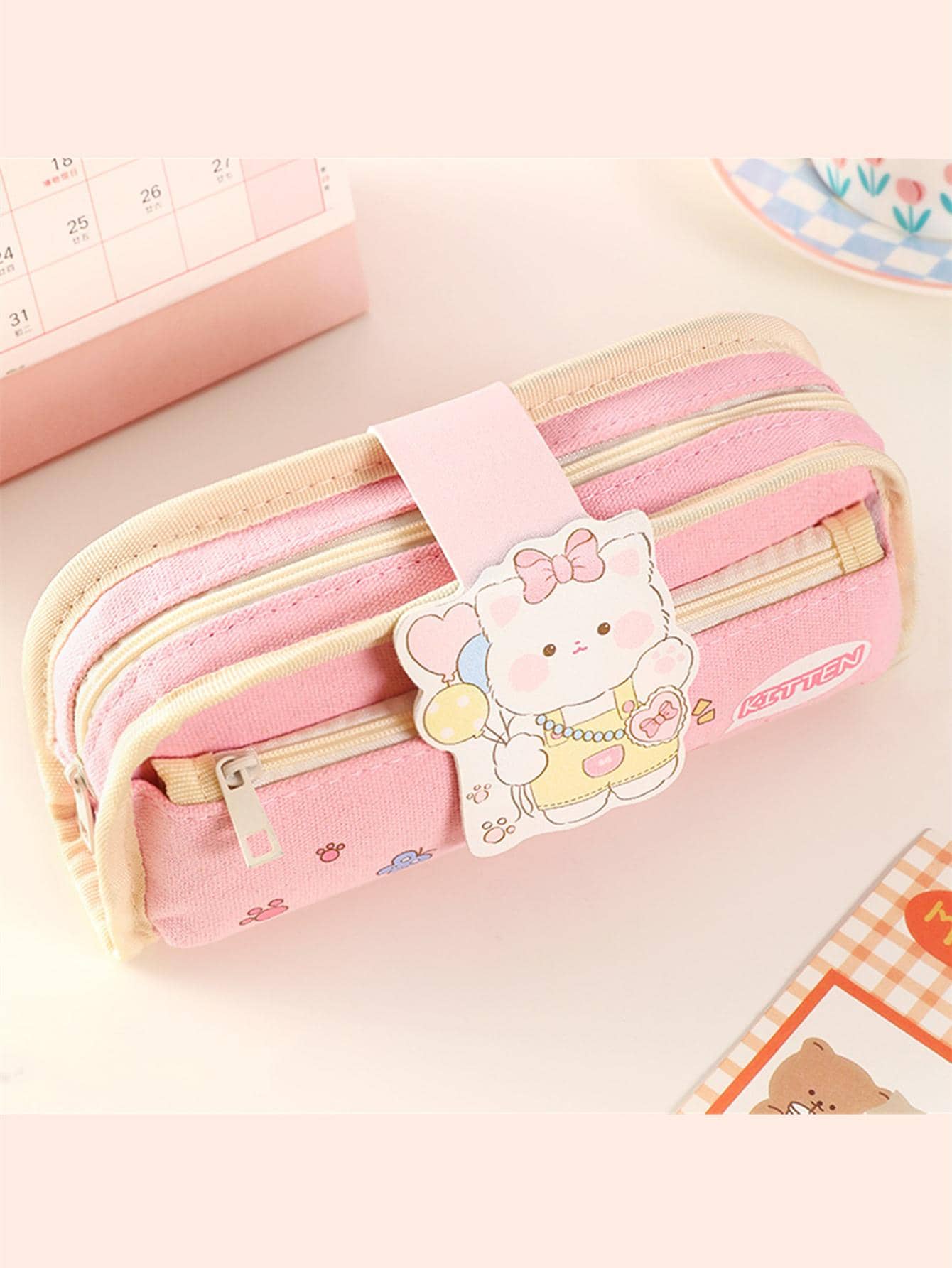 1pc Cartoon Animal Design Pencil Bag, Cartoon Animal Design Pencil Case For Student - Pink - View 1