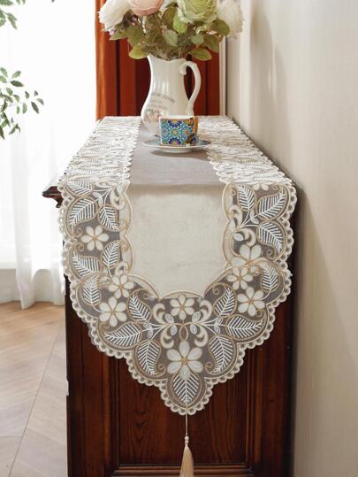 1 pieza Tela 100% poliéster Delicado encaje bordado 3D Decoración del hogar, Bufanda de gabinete, Camino de mesa de cocina y comedor, Mantel individual, Decoración de fiesta, picnic y boda para interiores y exteriores