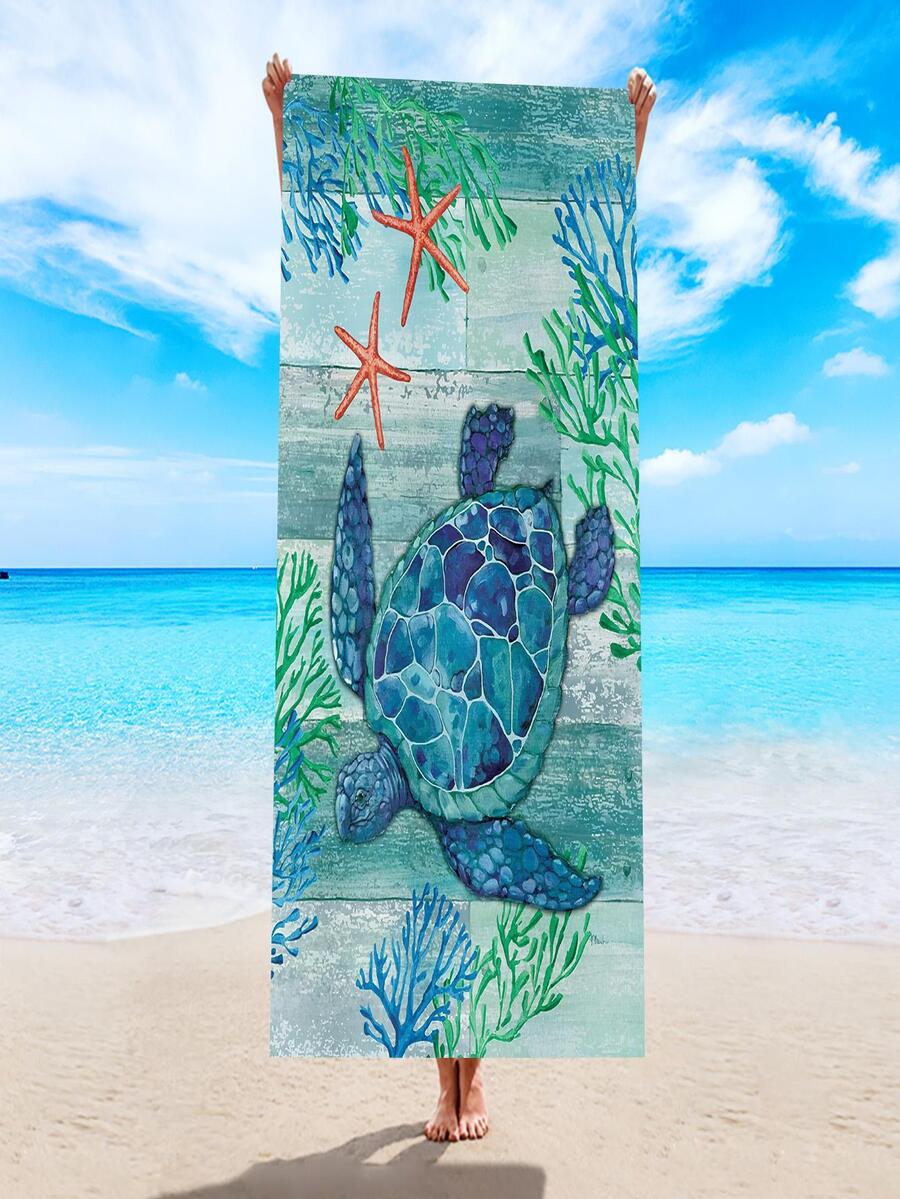 Sea Turtle Print Beach Towel - Royal Blue - View 1