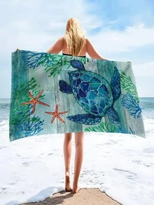 Sea Turtle Print Beach Towel - Royal Blue - View 3