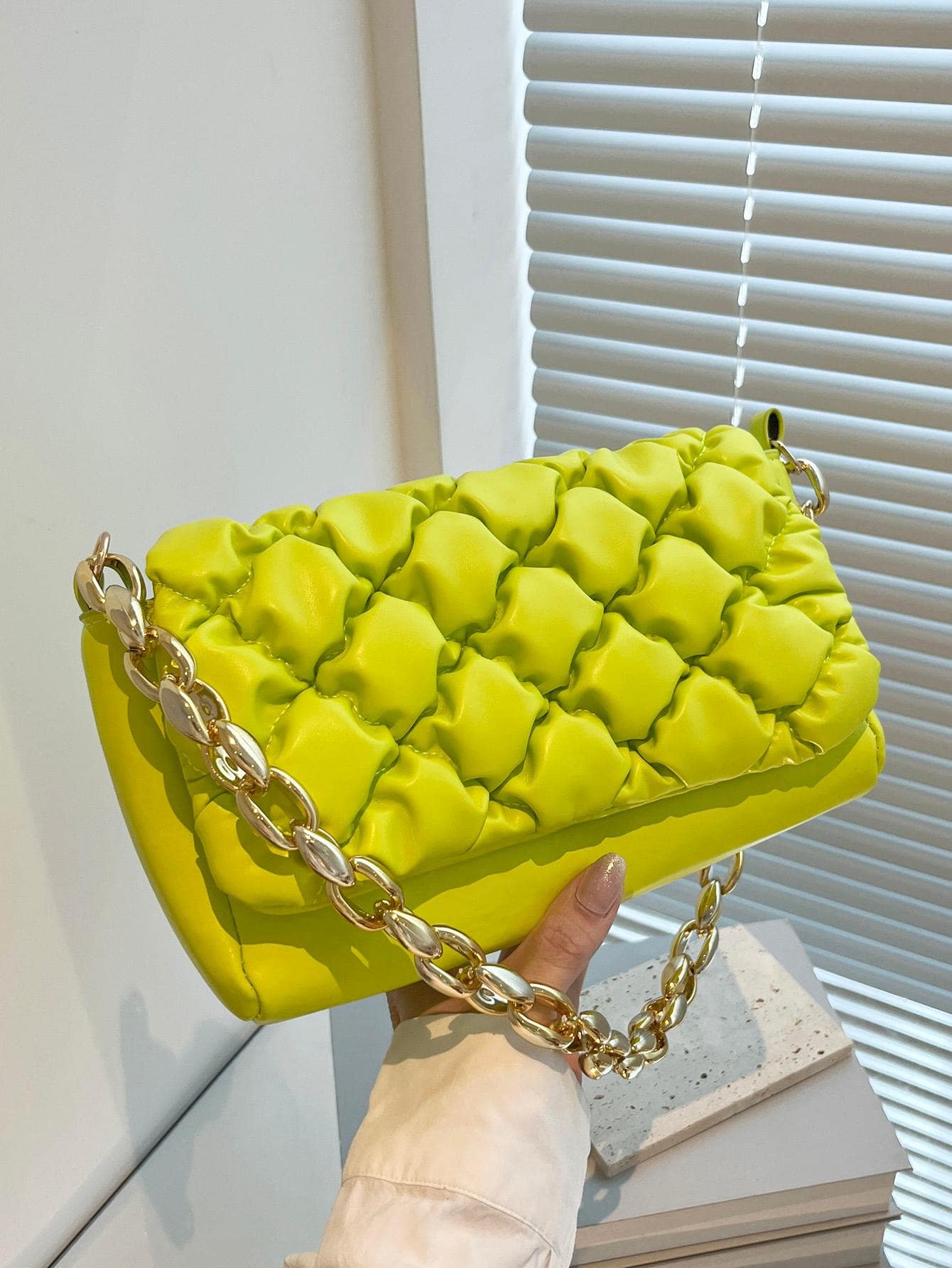 Chain Strap Ruched Bag PU Green Fashionable - Green - View 1